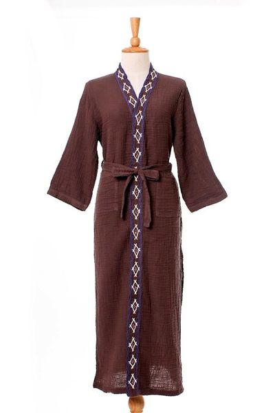 Alternate image for Diamond Embroidered Cotton Robe in Chestnut from Thailand Nature Relaxation