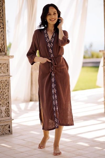 Alternate image for Diamond Embroidered Cotton Robe in Chestnut from Thailand Nature Relaxation