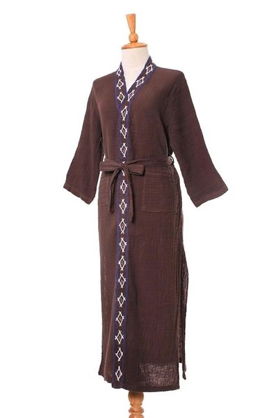Alternate image for Diamond Embroidered Cotton Robe in Chestnut from Thailand Nature Relaxation