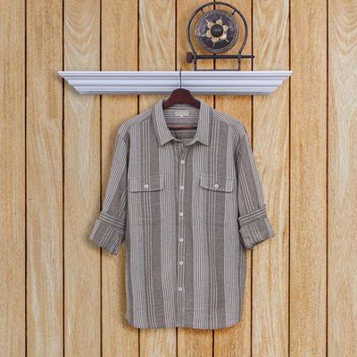 Alternate image for Mens Striped Carob Brown and White Cotton Collared Shirt Stylish Staple in Earth