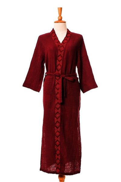 Alternate image for Embroidered Cotton Robe in Cerise and Strawberry Relaxing Sangria