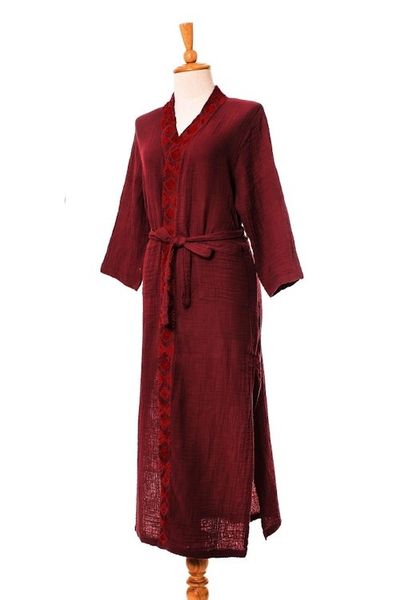 Alternate image for Embroidered Cotton Robe in Cerise and Strawberry Relaxing Sangria