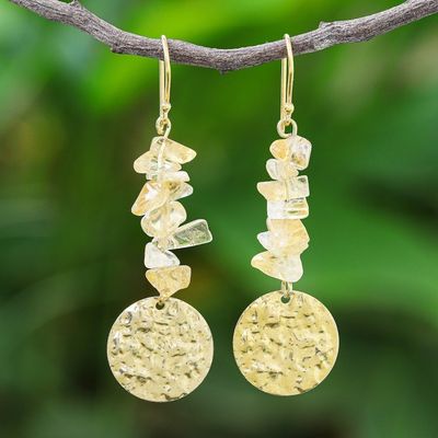 Alternate image for Citrine and Brass Coin Dangle Earrings Golden Coin in Yellow