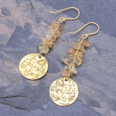 Alternate image for Citrine and Brass Coin Dangle Earrings Golden Coin in Yellow