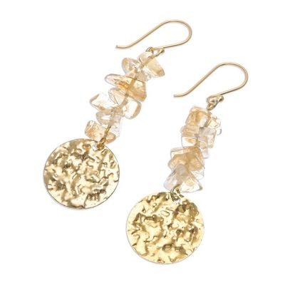 Alternate image for Citrine and Brass Coin Dangle Earrings Golden Coin in Yellow