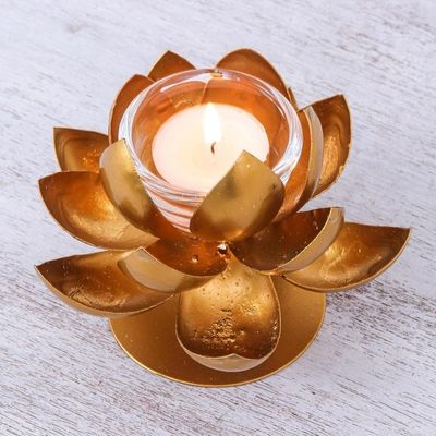 Alternate image for Steel and Gold Foil Lotus Tealight Holder Lovely Lotus