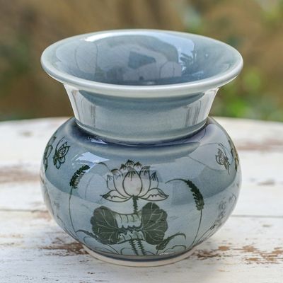 Alternate image for Handmade Celadon Ceramic Vase with Floral Motif in Blue Luxuriant Lotus