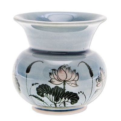 Alternate image for Handmade Celadon Ceramic Vase with Floral Motif in Blue Luxuriant Lotus