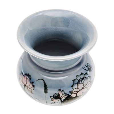 Alternate image for Handmade Celadon Ceramic Vase with Floral Motif in Blue Luxuriant Lotus