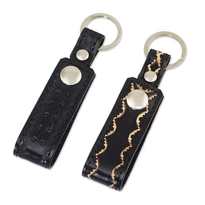 Alternate image for Hand Tooled Black Leather Key Rings Pair Key to Success in Black