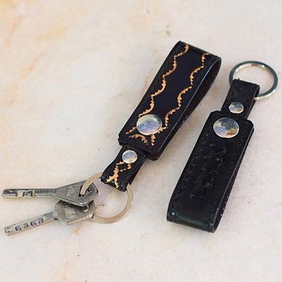 Alternate image for Hand Tooled Black Leather Key Rings Pair Key to Success in Black