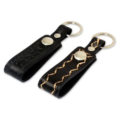 Alternate image for Hand Tooled Black Leather Key Rings Pair Key to Success in Black
