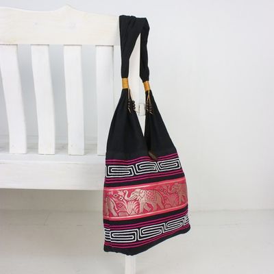 Alternate image for Elephant Cotton Blend Shoulder Bag in Ruby from Thailand Thai Elephants in Ruby