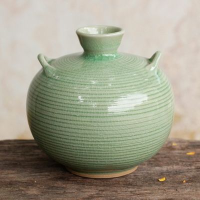Alternate image for Artisan Crafted Green Thai Celadon Ceramic Bud Vase Rice Fields