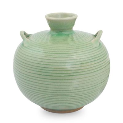 Alternate image for Artisan Crafted Green Thai Celadon Ceramic Bud Vase Rice Fields