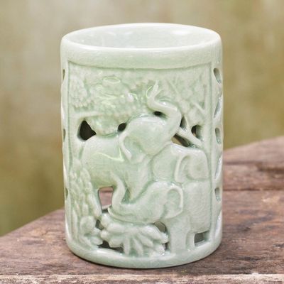 Alternate image for Hand Crafted Ceramic Clay Oil Warmer Thai Green Elephants Happy Forest