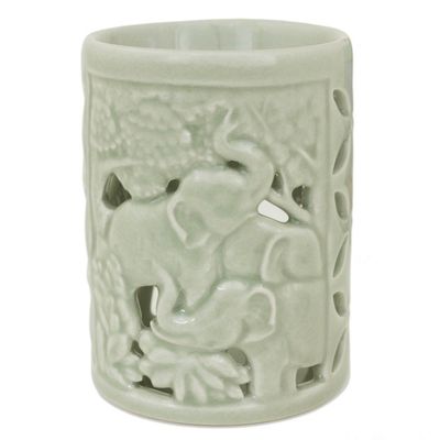 Alternate image for Hand Crafted Ceramic Clay Oil Warmer Thai Green Elephants Happy Forest