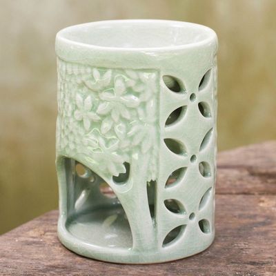 Alternate image for Hand Crafted Ceramic Clay Oil Warmer Thai Green Elephants Happy Forest