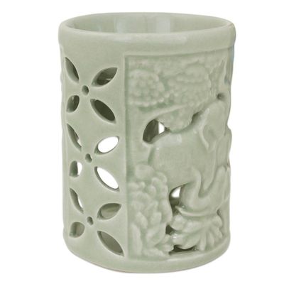 Alternate image for Hand Crafted Ceramic Clay Oil Warmer Thai Green Elephants Happy Forest