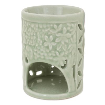 Alternate image for Hand Crafted Ceramic Clay Oil Warmer Thai Green Elephants Happy Forest