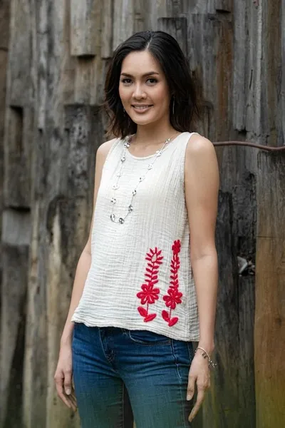 Alternate image for Hand-Embroidered Sleeveless Cotton Blouse Flirty Flowers