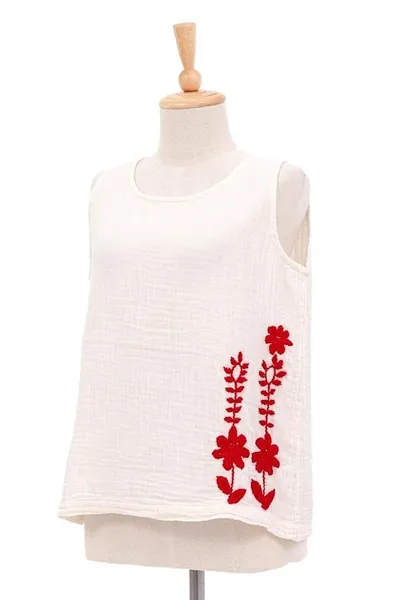 Alternate image for Hand-Embroidered Sleeveless Cotton Blouse Flirty Flowers