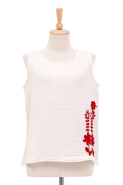 Alternate image for Hand-Embroidered Sleeveless Cotton Blouse Flirty Flowers