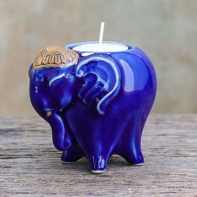 Alternate image for Handcrafted Ceramic Elephant Tealight Holder in Blue Serene Elephant