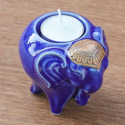 Alternate image for Handcrafted Ceramic Elephant Tealight Holder in Blue Serene Elephant