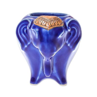 Alternate image for Handcrafted Ceramic Elephant Tealight Holder in Blue Serene Elephant