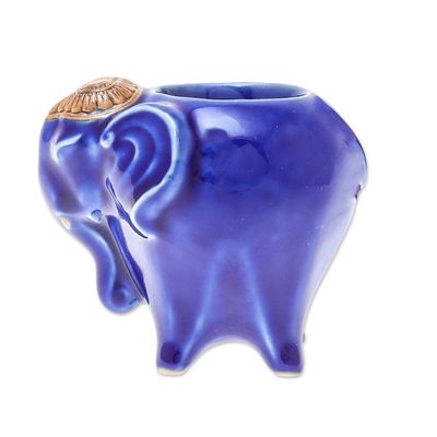 Alternate image for Handcrafted Ceramic Elephant Tealight Holder in Blue Serene Elephant