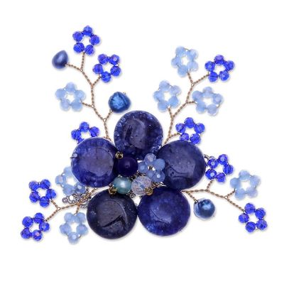 Alternate image for Flower-Shaped Dark Blue Cultured Pearl and Quartz Brooch Pin Petals of Imagination