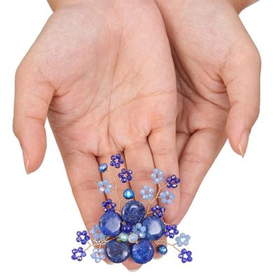 Alternate image for Flower-Shaped Dark Blue Cultured Pearl and Quartz Brooch Pin Petals of Imagination