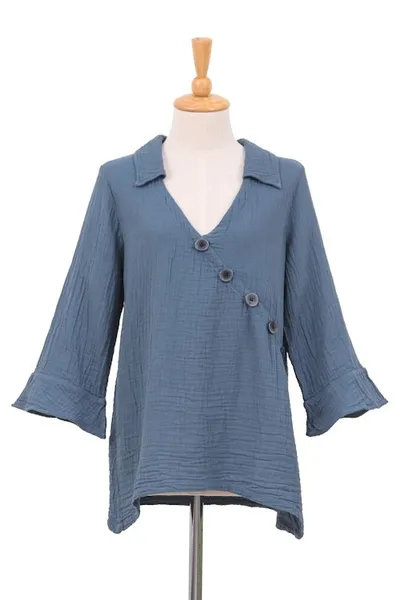 Alternate image for Blue Three Quarter Sleeve Sidetail Double Cotton Gauze Tunic Chic Asymmetry in Dusty Teal