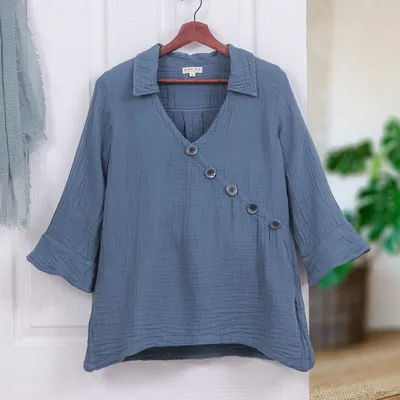 Alternate image for Blue Three Quarter Sleeve Sidetail Double Cotton Gauze Tunic Chic Asymmetry in Dusty Teal