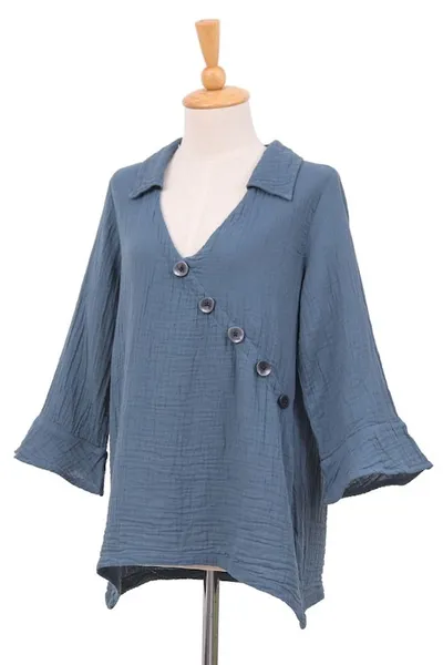 Alternate image for Blue Three Quarter Sleeve Sidetail Double Cotton Gauze Tunic Chic Asymmetry in Dusty Teal