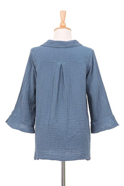 Alternate image for Blue Three Quarter Sleeve Sidetail Double Cotton Gauze Tunic Chic Asymmetry in Dusty Teal