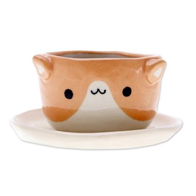 Alternate image for Cat-Themed Ivory Orange Ceramic Mini Flower Pot with Saucer Kitty Joy