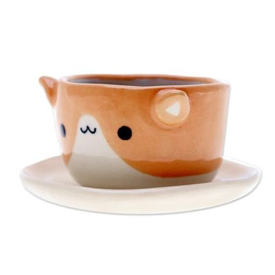 Alternate image for Cat-Themed Ivory Orange Ceramic Mini Flower Pot with Saucer Kitty Joy