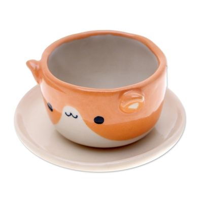 Alternate image for Cat-Themed Ivory Orange Ceramic Mini Flower Pot with Saucer Kitty Joy