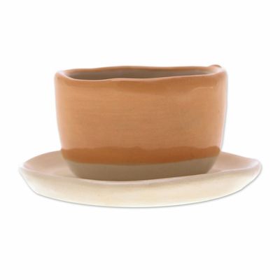 Alternate image for Cat-Themed Ivory Orange Ceramic Mini Flower Pot with Saucer Kitty Joy