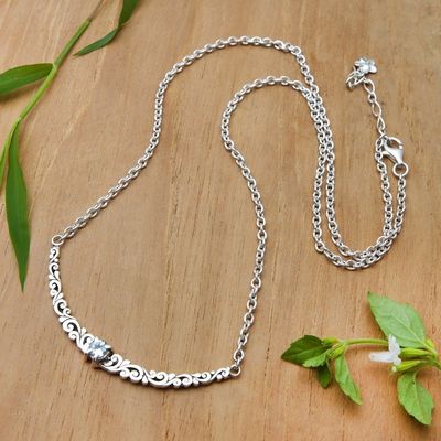 Alternate image for Blue Topaz Silver Pendant Necklace with Leaf Motifs Graceful Bloom