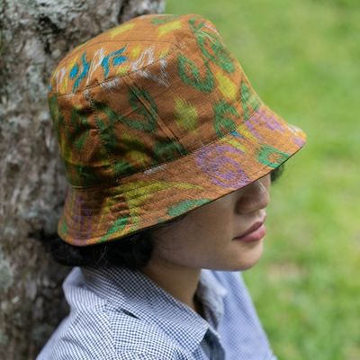 Alternate image for Balinese Ikat-Themed 100 Cotton Bucket Hat in Sepia Hues Sepia Denpasar