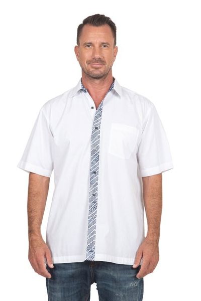 Alternate image for Hand Stamped Batik Accents on White Cotton Shirt For Men Blue Waves
