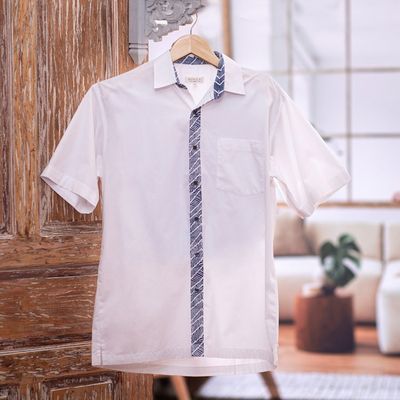 Alternate image for Hand Stamped Batik Accents on White Cotton Shirt For Men Blue Waves