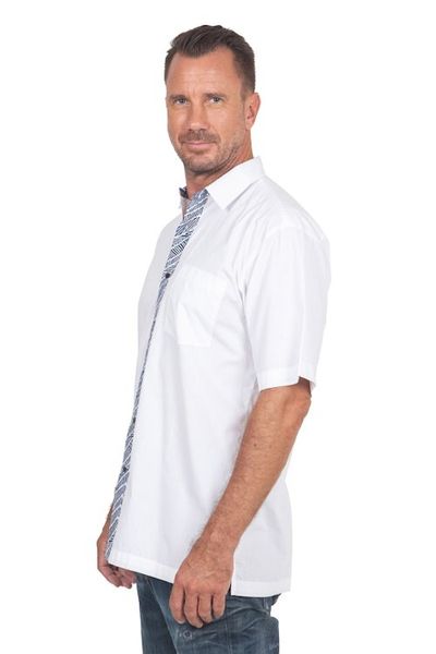 Alternate image for Hand Stamped Batik Accents on White Cotton Shirt For Men Blue Waves