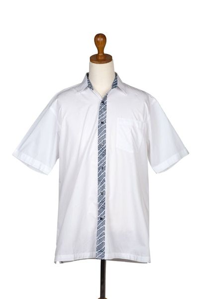 Alternate image for Hand Stamped Batik Accents on White Cotton Shirt For Men Blue Waves