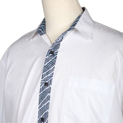 Alternate image for Hand Stamped Batik Accents on White Cotton Shirt For Men Blue Waves