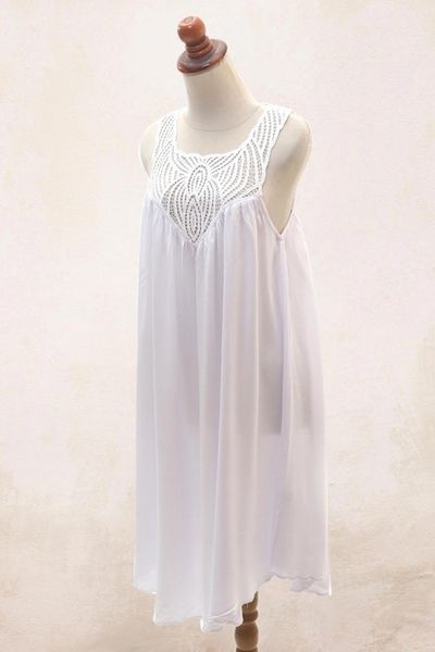 Alternate image for Hand Embroidered White Cotton Dress Drifting Clouds in White