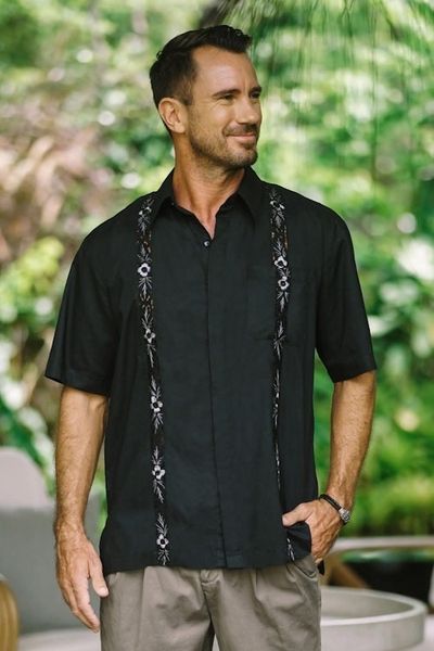 Alternate image for Mens Black Embroidered Cotton Shirt Black Borders